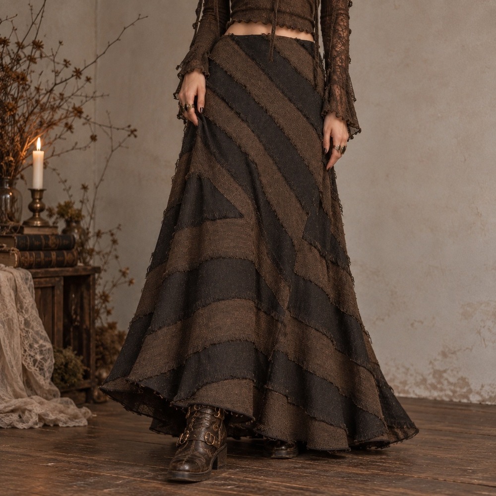 Boho Patchwork Maxi Skirt Sz 4 Witchy Whimsygoth Fairy Grunge Fringed Rustic